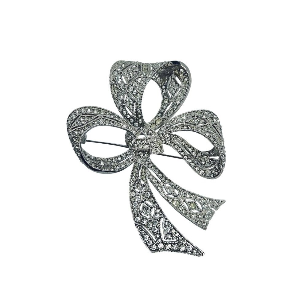 Kenneth Jay Lane Large Silver Tone And Clear Rhinestone Bow Brooch (6174)